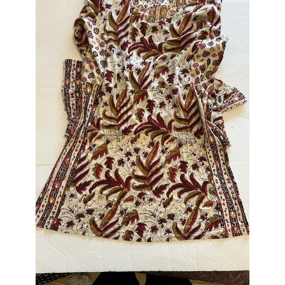 NWT Soft Surroundings Tunic Small Brown Fall Print Gold Button Side Knit Sleeves - Picture 9 of 14